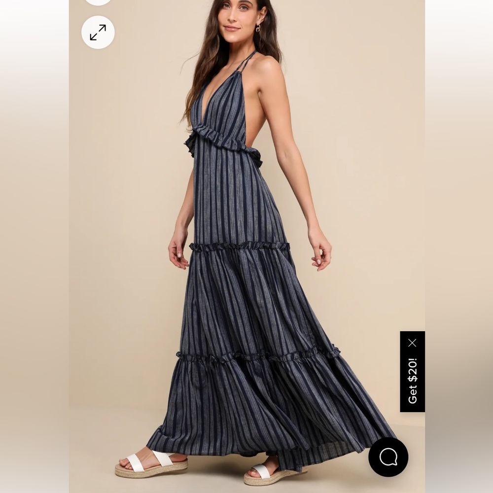 Lulus Vacay Babe Navy Blue Striped Halter Maxi Dress